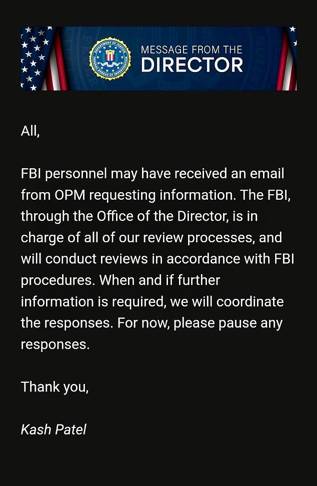 Soon after Musk sent his email, Patel stepped in and ordered his agents at the FBI to ignore Musk's prompt despite his threat of termination