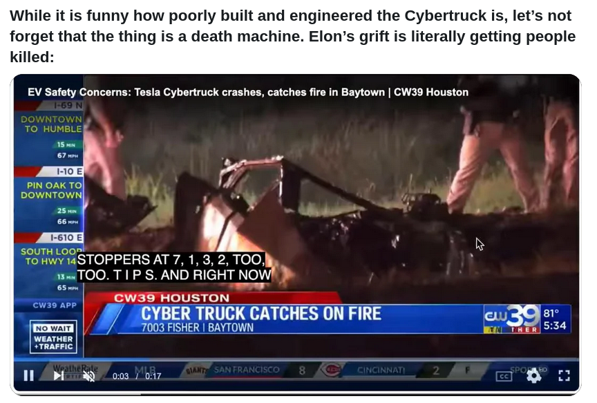 cybertruck-kills-all
Keywords: Rare Earth Mines Of Afghanistan, New America Foundation Corruption, Obama, Obama Campaign Finance, Obama FEC violations, Palo Alto Mafia, Paypal Mafia, Pelosi Corruption, Political bribes, Political Insider,  Eric Schmidts Sex Penthouse, SEC Investigation