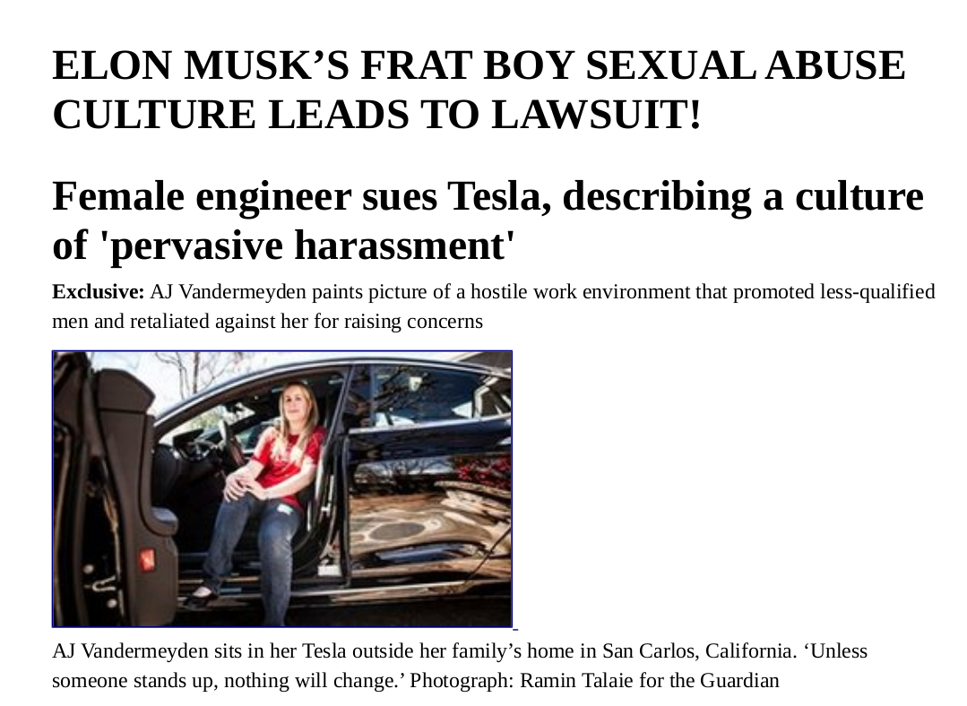 tesla-sex-abuse
Keywords: Rare Earth Mines Of Afghanistan, New America Foundation Corruption, Obama, Obama Campaign Finance, Obama FEC violations, Palo Alto Mafia, Paypal Mafia, Pelosi Corruption, Political bribes, Political Insider,  Eric Schmidts Sex Penthouse, SEC Investigation