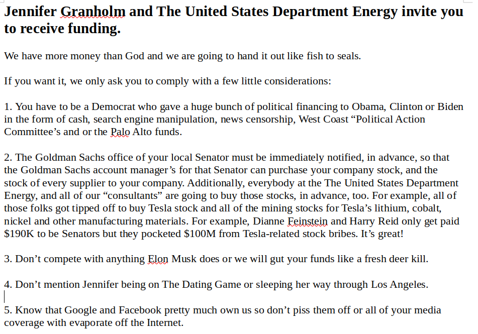 JENNIFER GRANHOLM AND DOE
Keywords: Rare Earth Mines Of Afghanistan, New America Foundation Corruption, Obama, Obama Campaign Finance, Obama FEC violations, Palo Alto Mafia, Paypal Mafia, Pelosi Corruption, Political bribes, Political Insider,  Eric Schmidts Sex Penthouse, SEC Investigation